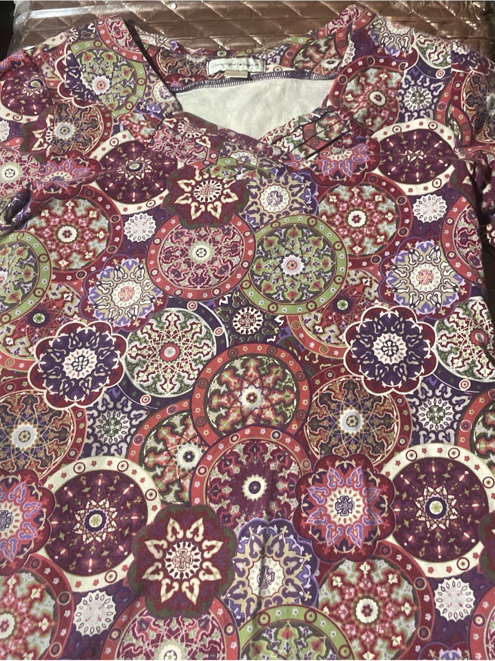 Christopher & Banks V-Neck Tunic in Burgundy Multi Medallion Print